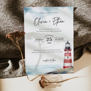 Delicate Dusky Blue Red Lighthouse Wedding Invitation Template, QR Code ...