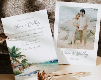 CANCUN Wedding Invitation Template, Watercolor Palm Tree Wedding Invite with Photo, QR Code RSVP, Mexico Tropical Beach Destination Wedding