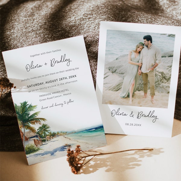 CANCUN Wedding Invitation Template, Watercolor Palm Tree Wedding Invite with Photo, QR Code RSVP, Mexico Tropical Beach Destination Wedding