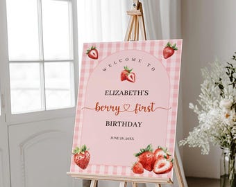 Berry First Birthday Party Welcome Sign Template, Printable Gingham Strawberry First Birthday Welcome Sign, EDITABLE 1st Birthday Decoration