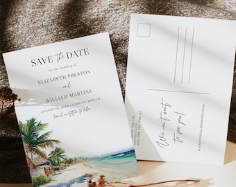 CANCUN Save The Date Postcard Template, Beach Save the Date, Tropical Destination Wedding Save the Date, Online Photo Save Our Date Template