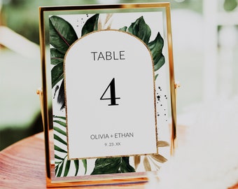 Watercolor Tropical Leaves Wedding Table Numbers Template: Arch Frame Printable Table Card, Summer Reception Decor (Digital Download)