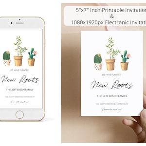 Hemos plantado nuevas raíces, cactus suculentos, nos hemos mudado, anuncio de un nuevo hogar, plantilla de invitación electrónica + imprimible, nuestro nuevo hogar