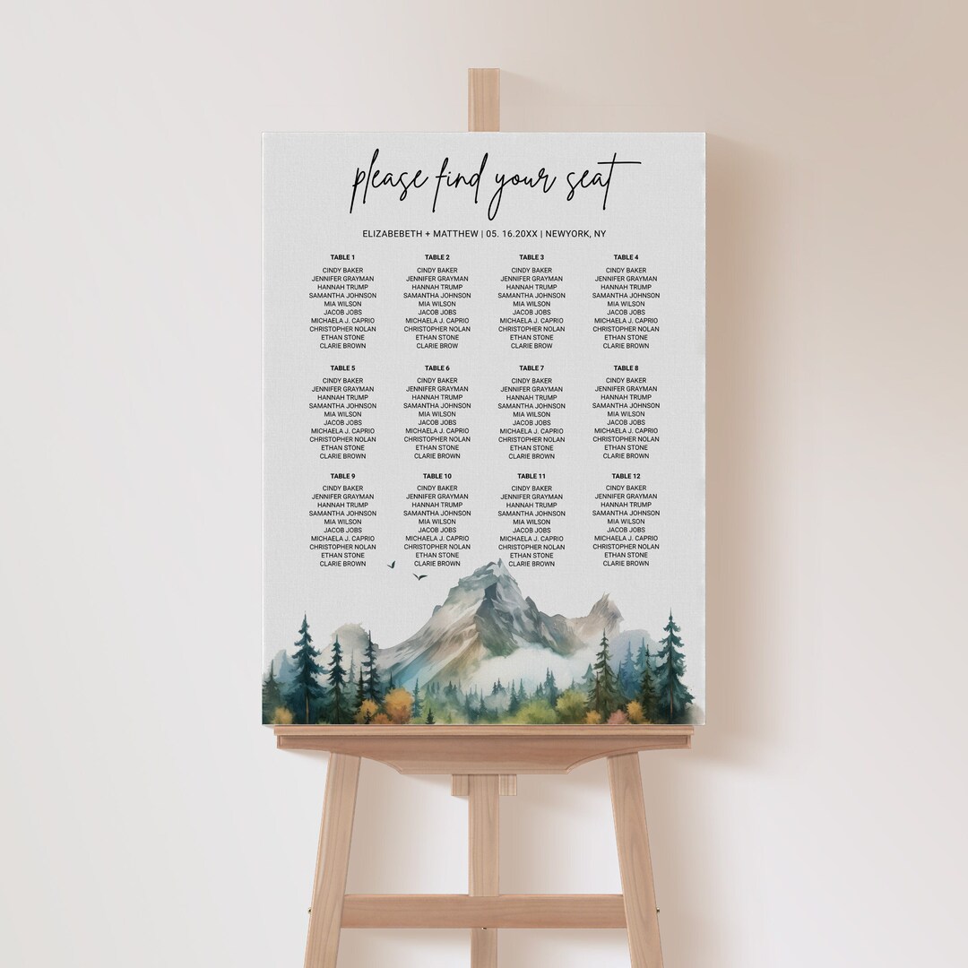 Mountain Seating Chart Template, Printable Rustic Outdoor Woodland Tree
