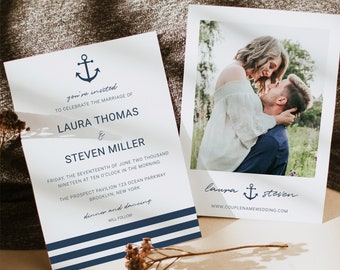 Nautical Anchor Wedding Invitation Printable Templates, Nautical Photo Wedding Invitation Electronic Template, Try Before You Buy