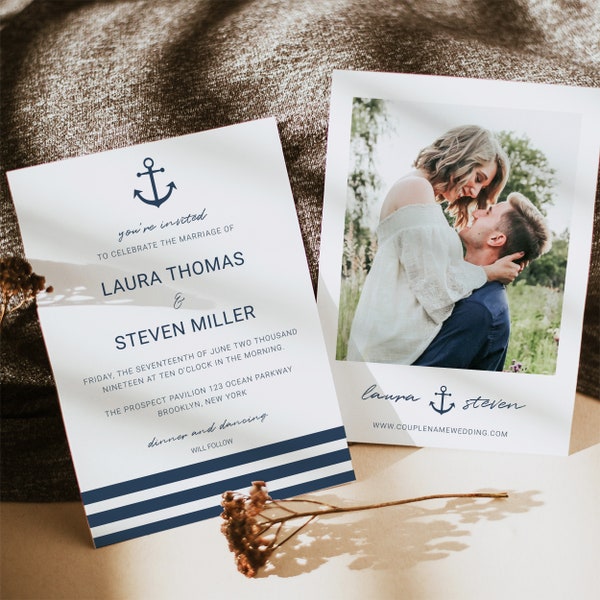 Nautical Anchor Wedding Invitation Printable Templates, Nautical Photo Wedding Invitation Electronic Template, Try Before You Buy