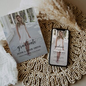May include: A graduation invitation with a photo of a woman in a white dress. The invitation is for Jessica Cindy Smith, Indiana High School, Class of 20XX. The invitation is printed on a marble background with a black and white design.