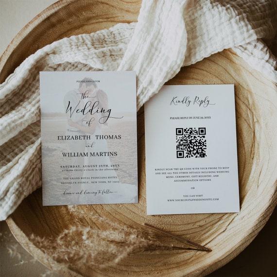 Minimalist Faux Vellum Effect Photo Wedding Invitation Template, Printable QR Code Wedding Invitation, Digital E-Invitations for Wedding