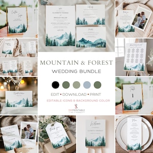 Modello di invito per matrimonio nella foresta di montagna, modello di cancelleria per matrimonio in montagna stampabile, pacchetto rustico di pini all'aperto in montagna