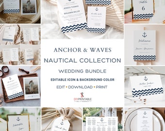 NAUTICAL Wedding Invitation BUNDLE Template, Printable Wedding Bundle, Full Editable Color, Nautical Anchor & Waves Wedding Bundle Template