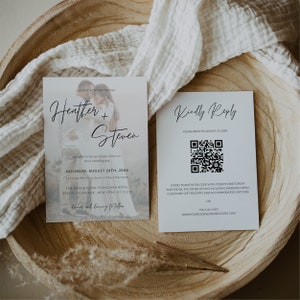 Eleganter Kunst-Vellum-Effekt Foto QR Code Antwort-Hochzeitseinladungs-Vorlage, Fotohochzeits-elektronische Einladung, minimalistische Online-Einladung