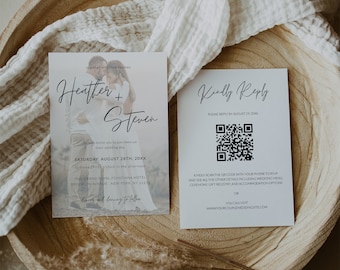 Elegant Faux Vellum Effect Photo QR Code RSVP Wedding Invitation Template, Photo Wedding Electronic Invitation, Minimalist Online Invitation