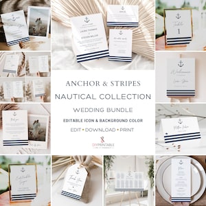 NAUTICAL Wedding Invitation BUNDLE Template, Printable Wedding Bundle, Full Editable Color, Nautical Anchor Stripes Wedding Bundle Template