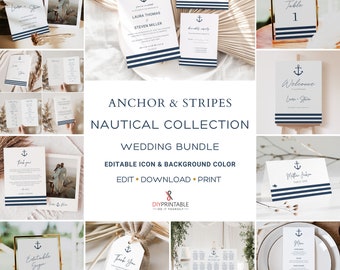 NAUTICAL Wedding Invitation BUNDLE Template, Printable Wedding Bundle, Full Editable Color, Nautical Anchor Stripes Wedding Bundle Template