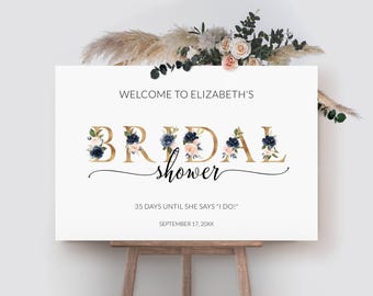 Floral Bridal Shower Welcome Sign Template, Printable Bridal Brunch Sign, Rustic Navy Blue & Blush Pink Floral Bridal Shower Sign Template