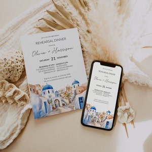 Watercolor Santorini Wedding Rehearsal Dinner Invitation Template, Destination Wedding, Santorini Greece Greek Island