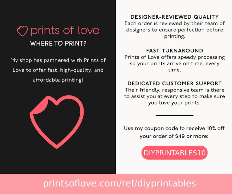 May include: A graphic with the text "prints of love" and a heart-shaped logo. The text includes "WHERE TO PRINT?" and details about fast, high-quality, and affordable printing. Additional text promotes designer-reviewed quality, fast turnaround, and dedicated customer support.
