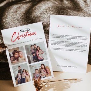 Modelo de cartão de Natal com foto, cartões de Natal com uma revisão do ano e mensagem, cartão de colagem de fotos de Natal em família, cartão de felicitações para impressão