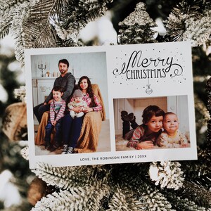Sjabloon fotokerstkaart, afdrukbare kerstkaart met familiefoto, modern ornament vrolijke kerstkaart, dubbelzijdige foto kerstkaart