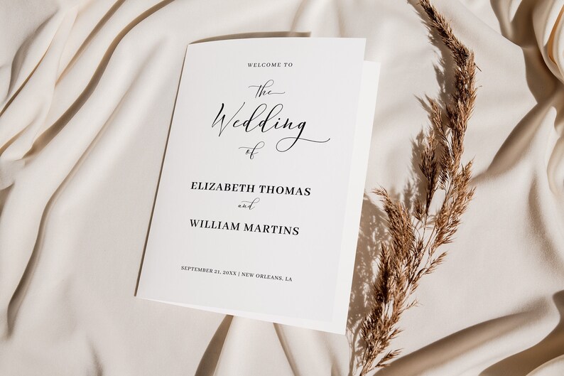 Elegant Script Wedding Program Template - Foldable Timeline with Icons, Minimalist Printable Brochure for Modern Nuptials