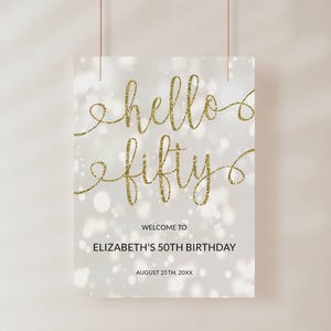 Modelo de placa de boas-vindas para festa de aniversário HELLO FIFTY, pôster de boas-vindas para aniversário de adulto para impressão, placa editável para 50º aniversário, tamanhos 18x24, 24x36