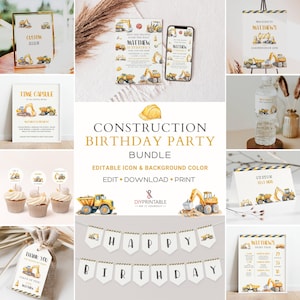 Construction Birthday Invitation Bundle Template Dump Truck Bulldozer Theme Editable Boys Party Invite Digital Download Printable Invite Set