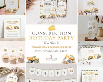 Construction Birthday Invitation Bundle Template Dump Truck Bulldozer Theme Editable Boys Party Invite Digital Download Printable Invite Set