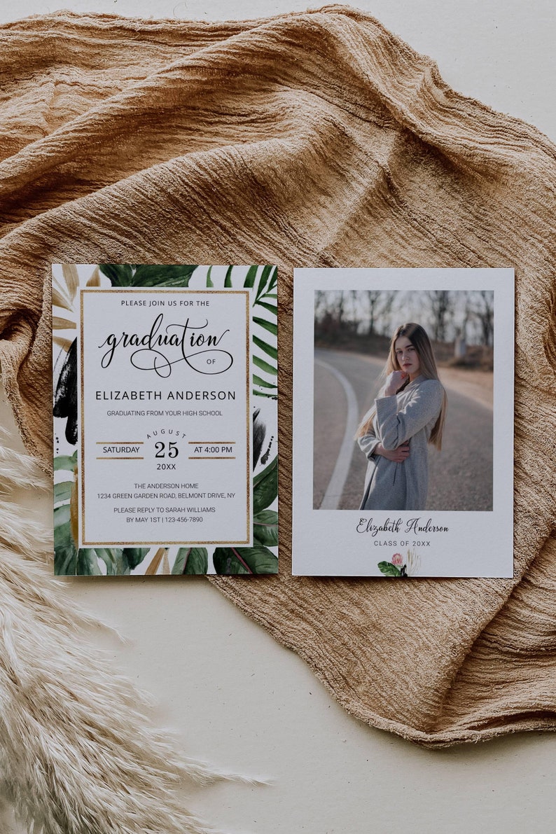 Photo Graduation Invitation Template, Summer Tropical Leaves Glitter ...