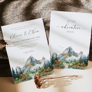 Mountain Forest Evergreen Tree Wedding Invitation Template, QR Code RSVP, Photo Wedding Invite, Watercolor Mountain Outdoor Wedding Venue