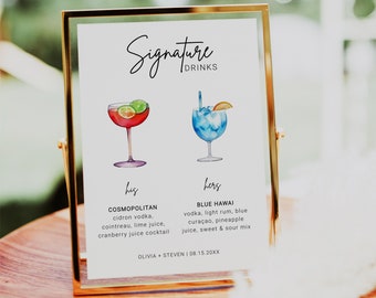 Signature Drinks Sign Template, Signature Cocktail Sign, Printable Wedding Bar Menu Sign, His and Hers Bar Sign, 8x10, 5x7, 18x24 Bar Sign