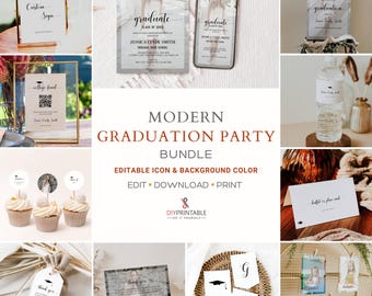 Pacote de modelo de festa de formatura moderna, pacote de decoração de festa de formatura editável, pacote de convite para festa de formatura para impressão