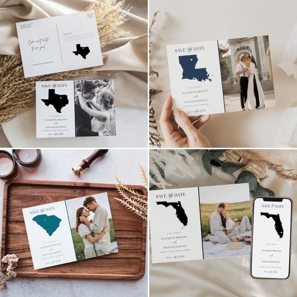 ANY STATE MAP Save The Date Template with Heart Pin Location, Destination Photo Save the Date Postcard, Online Electronic Save the Date