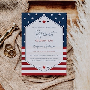 Retirement Party Invitation Template, American Flag, US Navy Marines, Army Air Force, Police Military Editable Retirement Celebration Invite