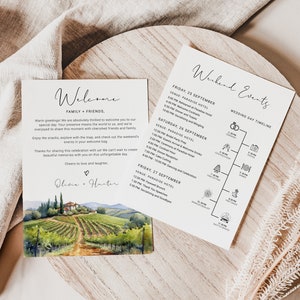 Tuscany Wedding Welcome Letter Template - Watercolor Vineyard Itinerary Card with Icons for Italy Wedding