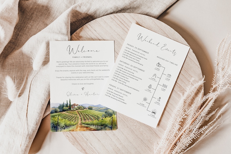 Tuscany Wedding Welcome Letter Template - Watercolor Vineyard Itinerary Card with Icons for Italy Wedding