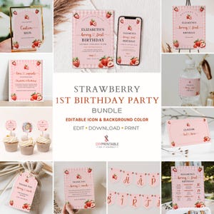 Berry First Birthday Invitation Bundle Template, Printable Strawberry First Birthday Invite, 1st Birthday Gingham Berry Sweet Decorations