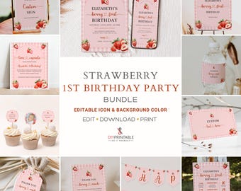 Berry First Birthday Invitation Bundle Template, Printable Strawberry First Birthday Invite, 1st Birthday Gingham Berry Sweet Decorations