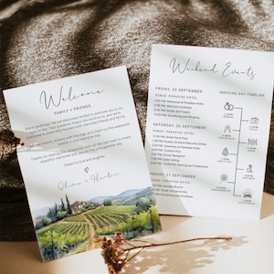 Modello di lettera di benvenuto per matrimonio in TOSCANA con icone, scheda con cronologia dell'itinerario di matrimonio in vigna in Toscana con acquerello, itinerario di matrimonio in Italia