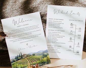 TUSCANY Wedding Welcome Letter Template with Icons, Watercolor Vineyard Tuscany Wedding Itinerary Timeline Card, Italy Wedding Itinerary