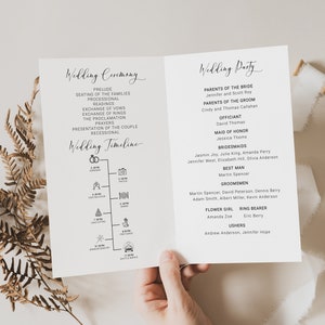 Chic Foldable Wedding Program & Timeline - Modern Script with Icons, Printable Minimalist Ceremony Brochure Template