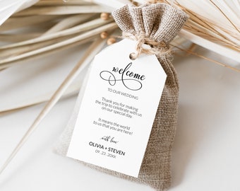 Minimalistische Hochzeit Willkommen Geschenkanhänger Vorlage, druckbare Hochzeit Willkommen Favor Gunst Tag Vorlagen, einfache Kalligraphie Hotel Willkommen Tasche Tag