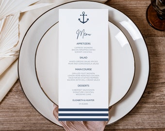 Nautical Wedding Menu Template, Printable Nautical Anchor & Stripes Wedding Menu Card Template, Editable Dinner Menu Try Before You Buy