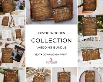 RUSTIC WOODEN Invitation BUNDLE Template, Printable Rustic Barn Wood & String Jar Lights Wedding Stationery Template, Large Wedding Bundle