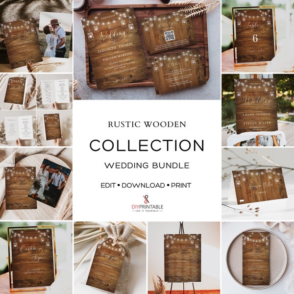 RUSTIC WOODEN Invitation BUNDLE Template, Printable Rustic Barn Wood & String Jar Lights Wedding Stationery Template, Large Wedding Bundle