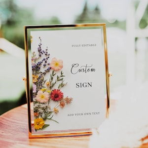 Modello di cartello personalizzato per matrimonio con fiori pressati, cartelli per matrimonio con fiori di campo stampabili, bar di caramelle, bar di mimosa, cartelli da tavolo con fiori colorati da giardino