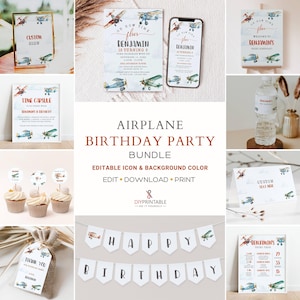 Airplane Birthday Invitation Bundle Template, Time Flies Birthday Invite, Editable Kid Birthday, Aviation Theme, Vintage Plane Boys Party