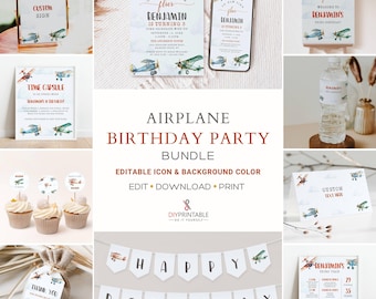 Airplane Birthday Invitation Bundle Template, Time Flies Birthday Invite, Editable Kid Birthday, Aviation Theme, Vintage Plane Boys Party