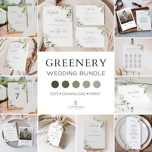 GREENERY WEDDING Invitation BUNDLE Template, Printable Greenery Leaf Wedding Stationery Template Bundle, Greenery Leaves Wedding Bundle