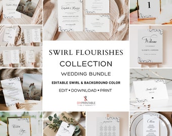 SWIRLS WEDDING BUNDLE Template, Printable Swirls Flourishes Wedding Invitation Template Bundle, Curvy Large Wedding Bundle Stationery Set