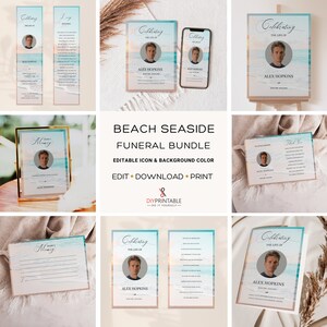 May include: A printable funeral bundle with a beach theme. The bundle includes a memorial card, a thank you card, a program, a memory card, and a bookmark. The cards feature a beach scene with a sunset and ocean waves. The text on the cards reads "Celebrating the Life of Alex Hopkins".
